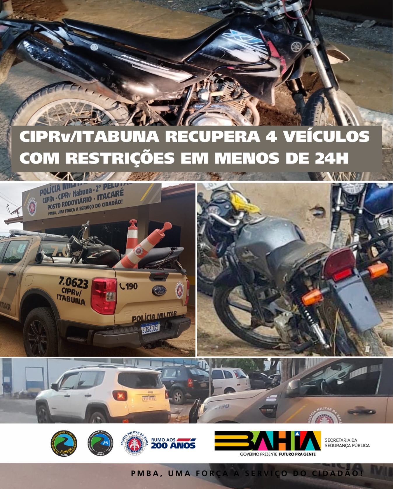 Em 24 horas a PRE recuperou 3 motos e 1 carro roubados