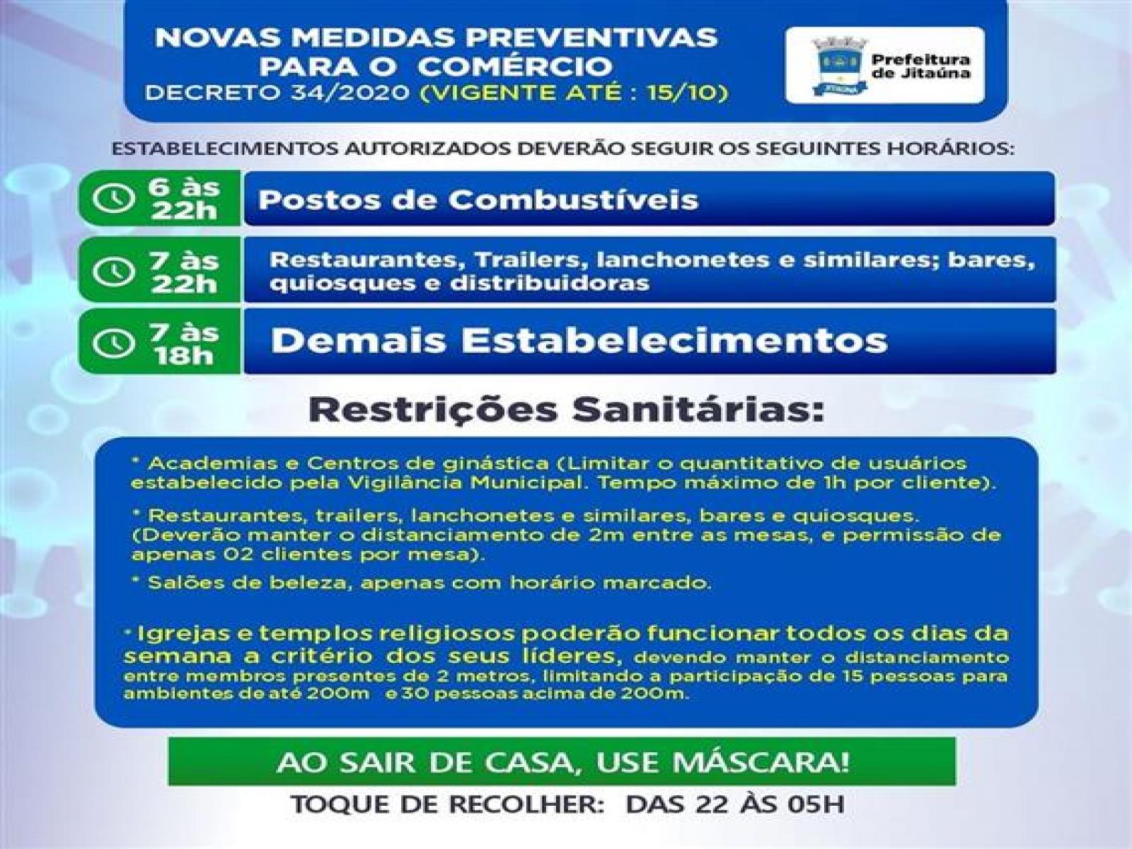Prefeitura de Jitaúna publica novo decreto municipal com medidas para o funcionamento do comércio.