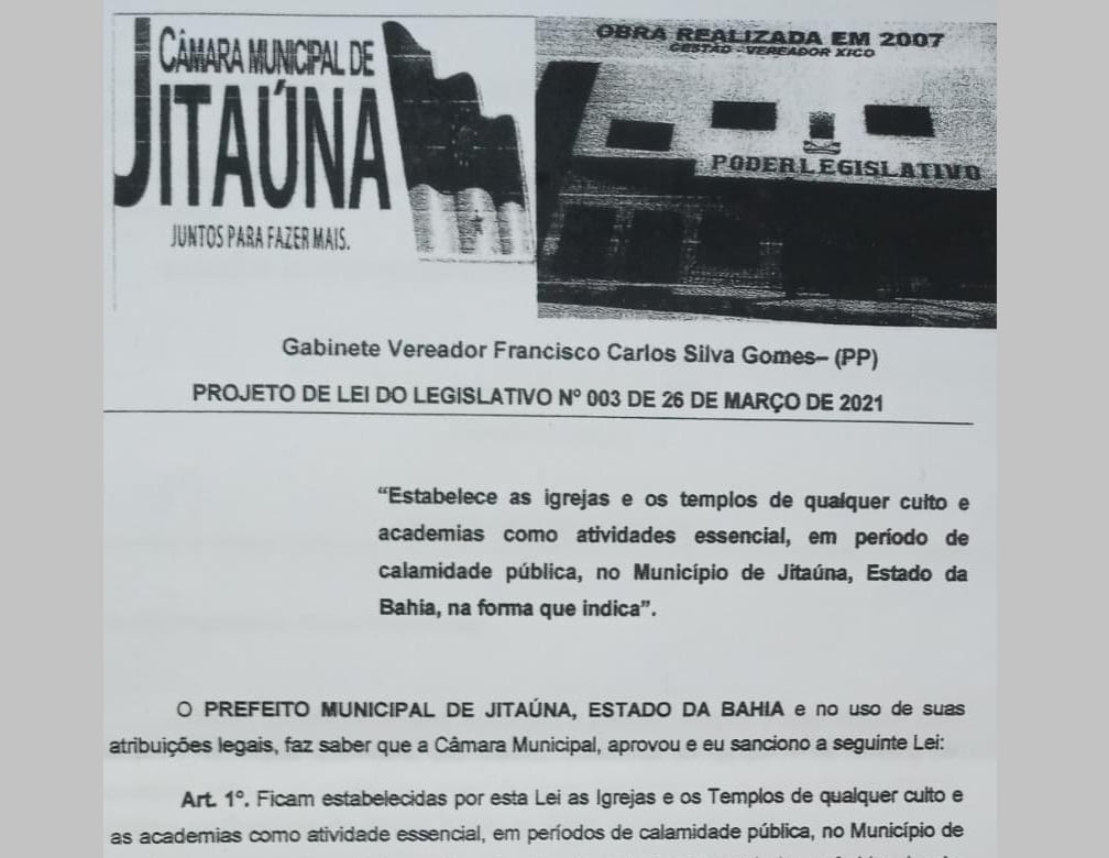 Câmara aprova e definem igrejas como atividades essenciais em Jitaúna Câmara aprova e definem igrejas como atividades essenciais em Jitaúna