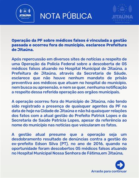 Operação da PF sobre médicos falsos é vinculada a gestão passada e ocorreu fora do município, esclarece Prefeitura de Jitaúna Operação da PF sobre médicos falsos é vinculada a gestão passada e ocorreu fora do município, esclarece Prefeitura de Jitaúna