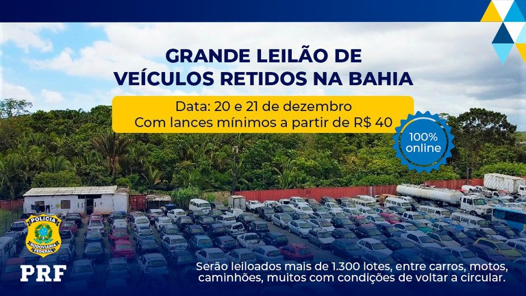 Totalmente on-line, PRF realizará mais um leilão com mais de 1.300 veículos retidos na Bahia Totalmente on-line, PRF realizará mais um leilão com mais de 1.300 veículos retidos na Bahia