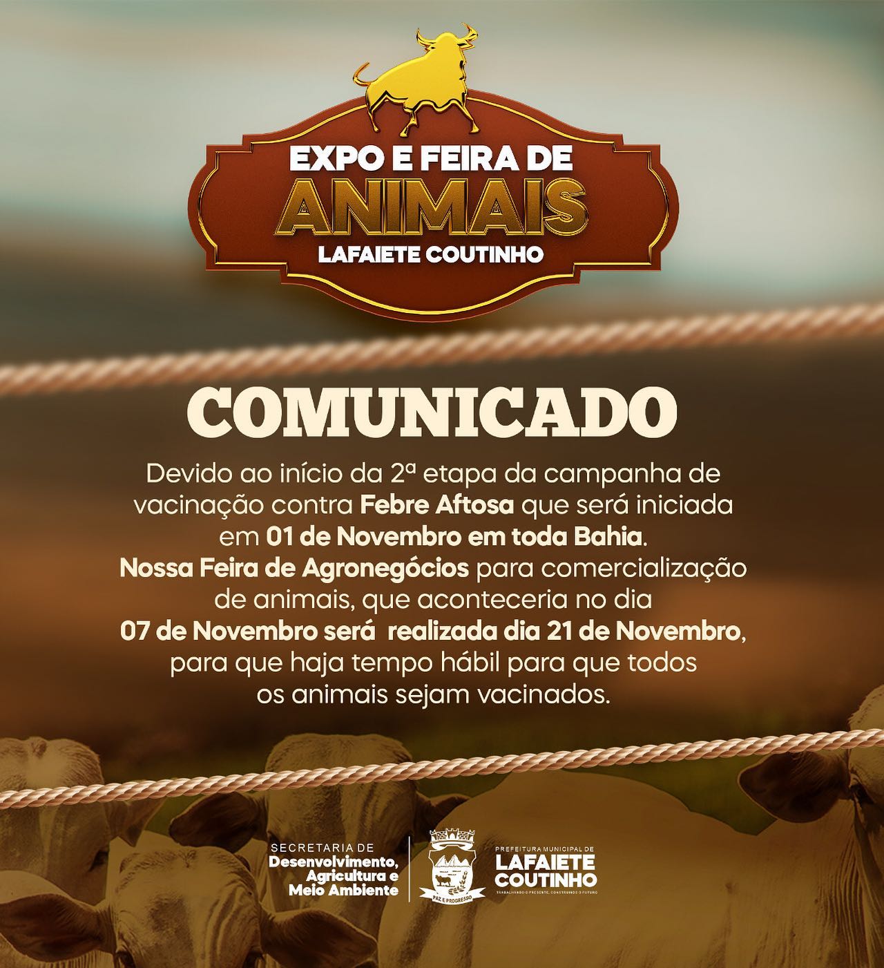 Lafaiete Coutinho: Feira de Agronegócio foi adiada devido a vacinação da febre aftosa Lafaiete Coutinho: Feira de Agronegócio foi adiada devido a vacinação da febre aftosa