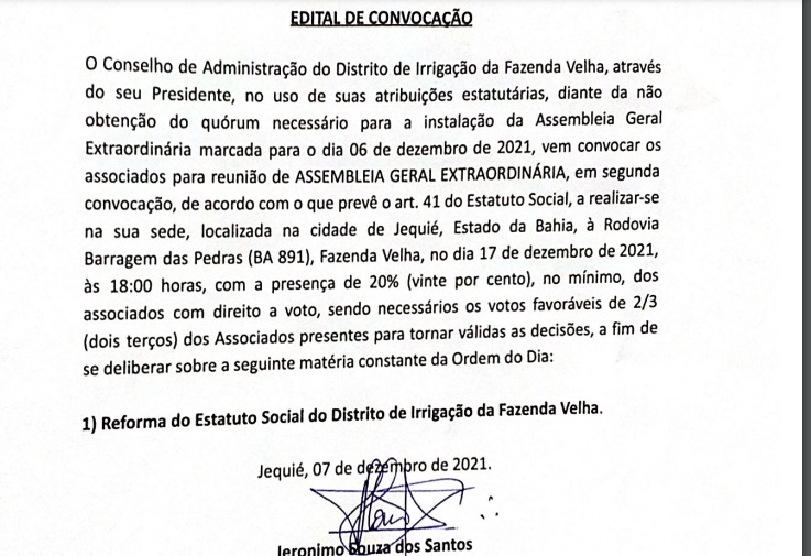 Edital de convocação da Fazenda Velha