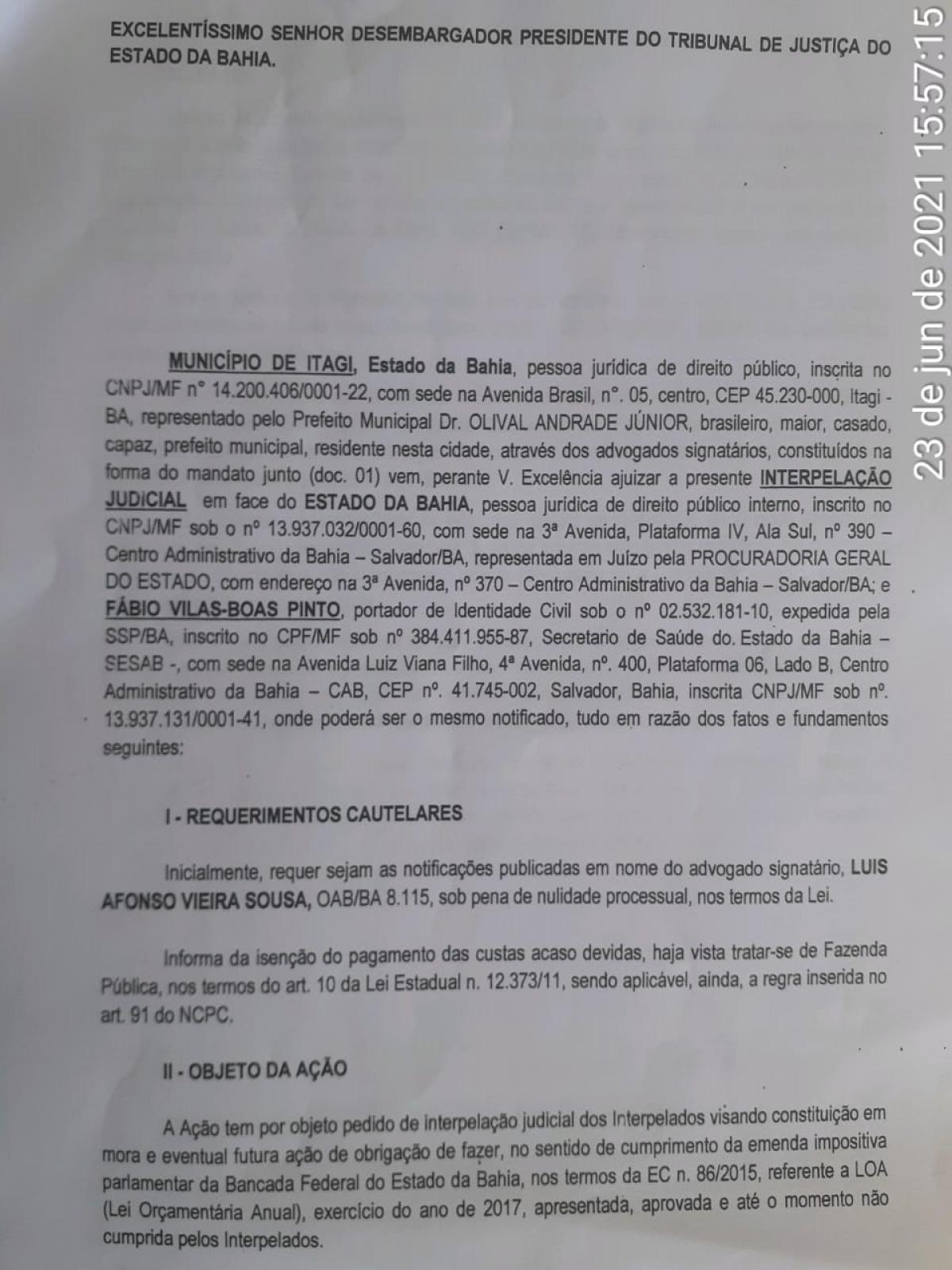 INTERPELAÇÃO JUDICIAL ITAGI X ESTADO DA BAHIA