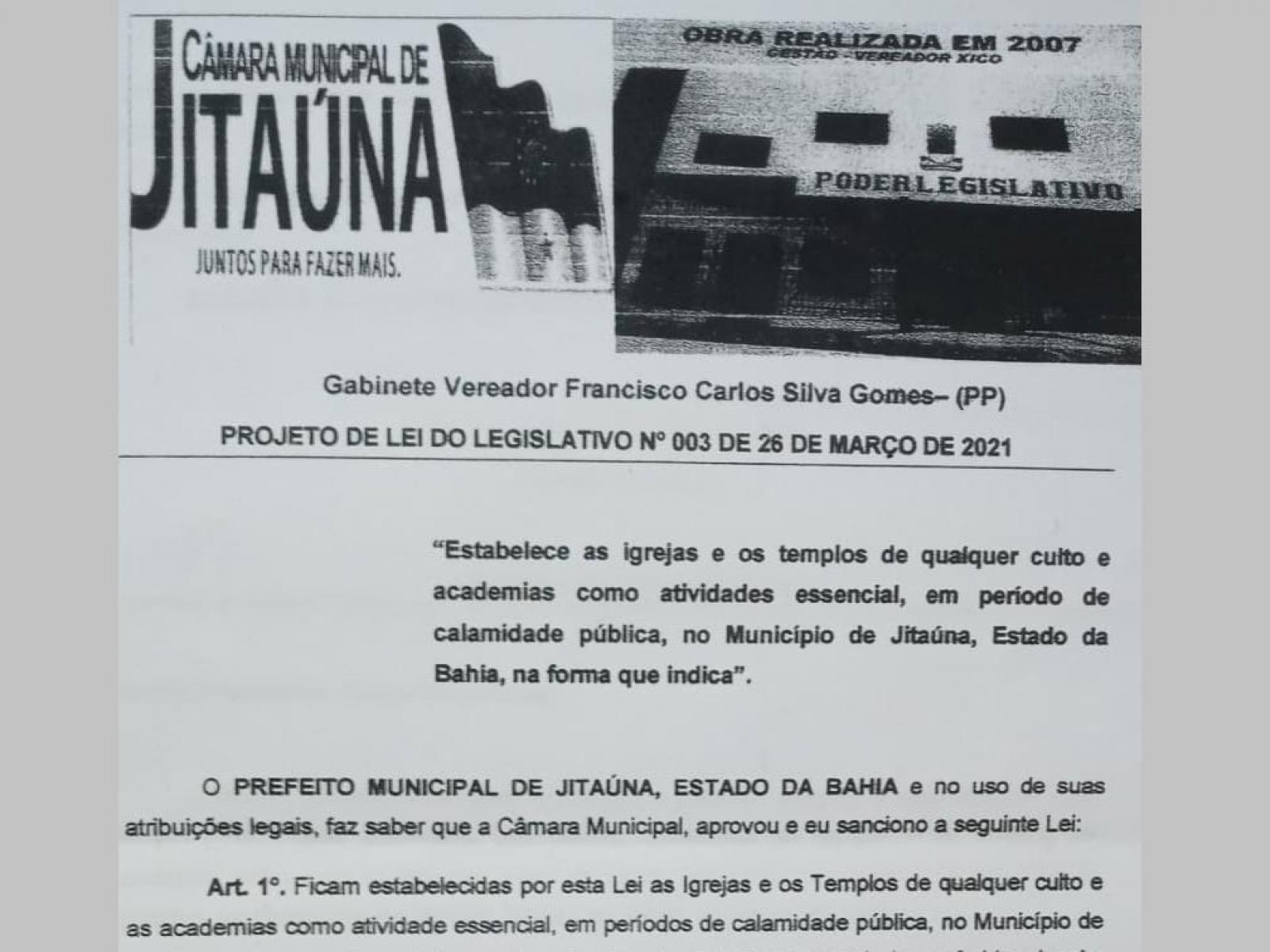 Câmara aprova e definem igrejas como atividades essenciais em Jitaúna