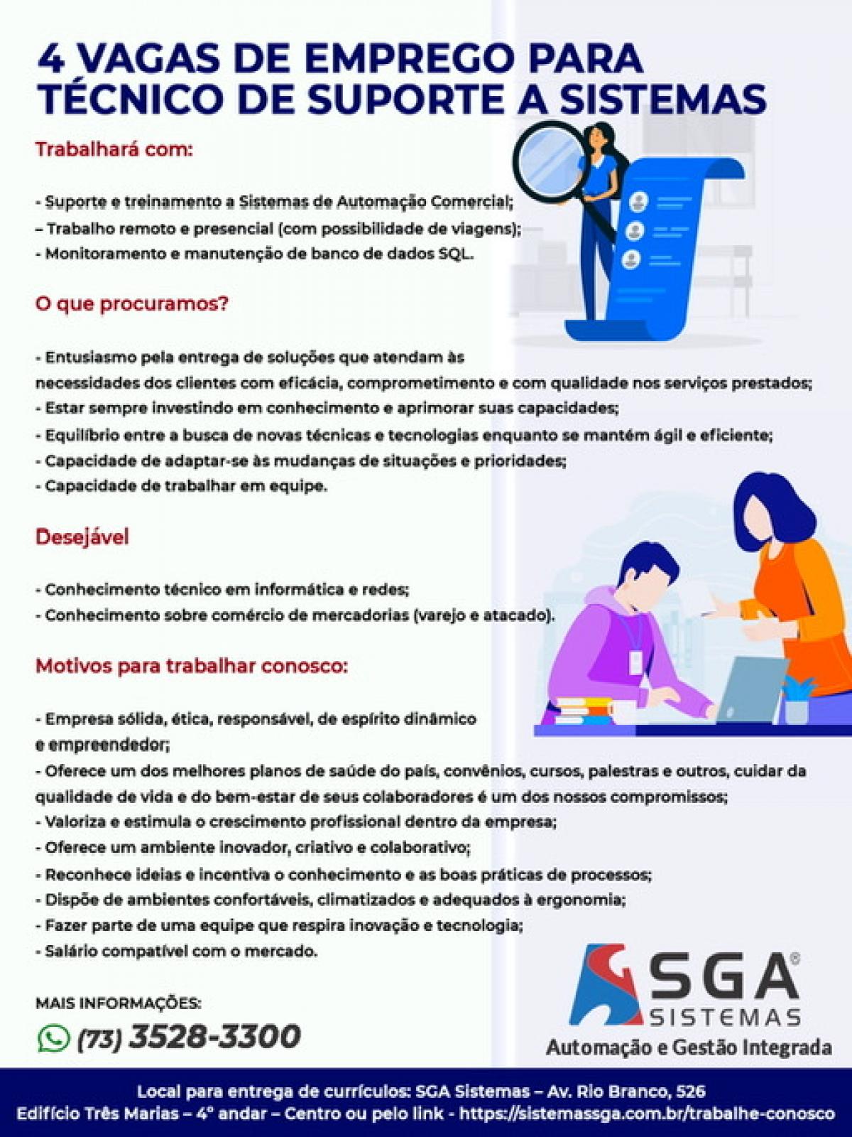 SGA Sistemas abre vagas para Técnico de Suporte a Sistemas