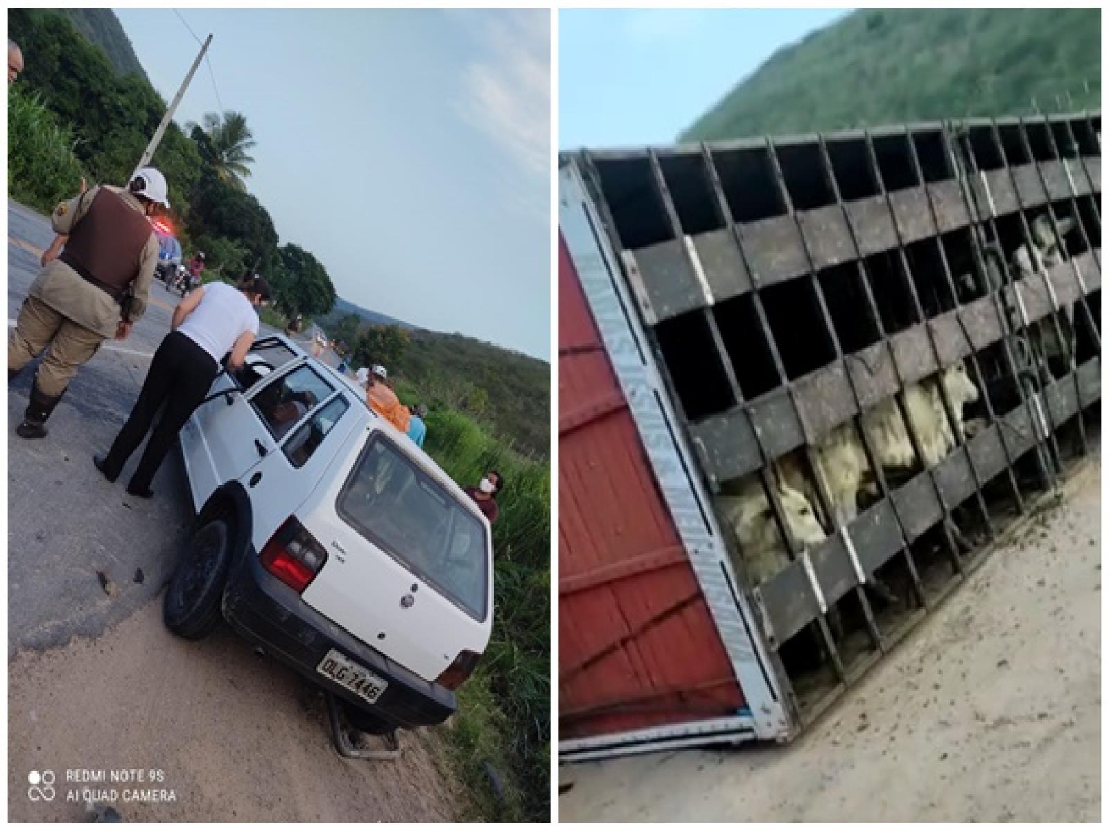Acidente na BR 330 envolvendo caminhão boiadeiro e um Fiat Uno