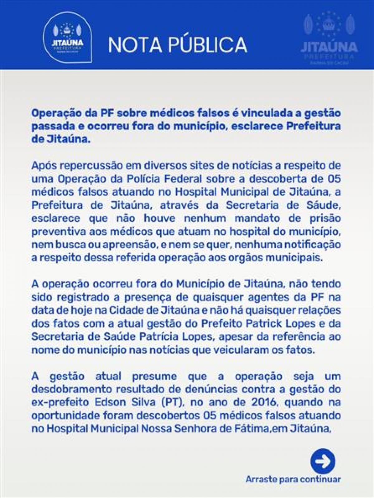 Operação da PF sobre médicos falsos é vinculada a gestão passada e ocorreu fora do município, esclarece Prefeitura de Jitaúna