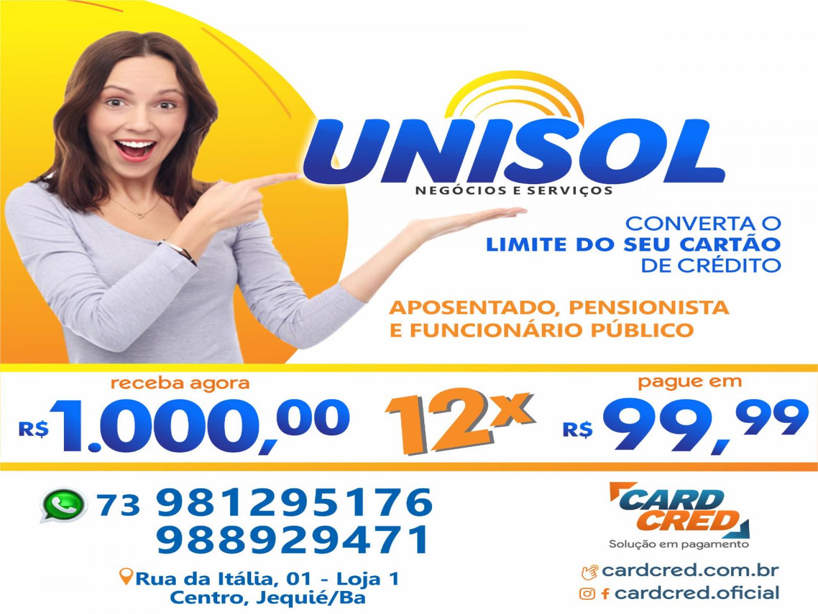 Unisol tem crédito na conta de energia, aposentado e pensionista do INSS, consórcio e cartão de crédito