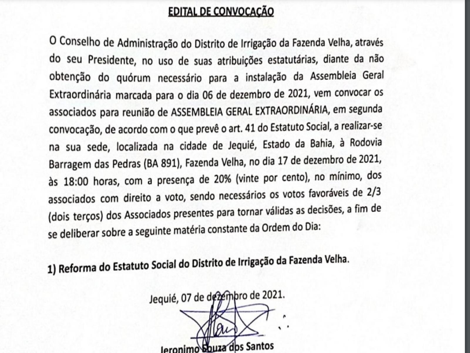 Edital de convocação da Fazenda Velha Edital de convocação da Fazenda Velha