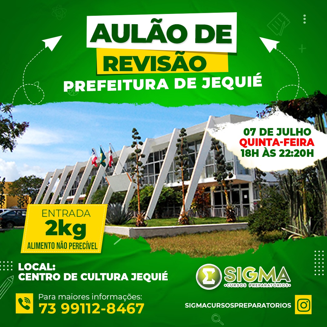 Aulão de Revisão do Concurso da Prefeitura de Jequié nesta quinta feira ás 18h Aulão de Revisão do Concurso da Prefeitura de Jequié nesta quinta feira ás 18h