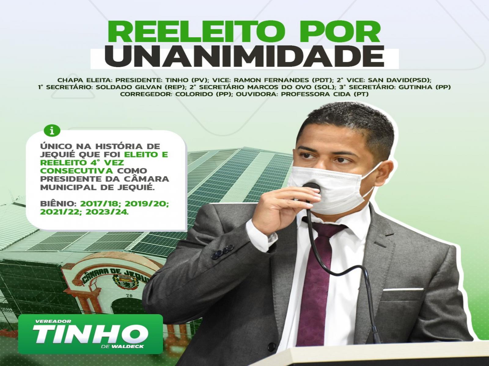 Tinho é reeleito presidente da Câmara de Vereadores pela 4ª vez consecutiva