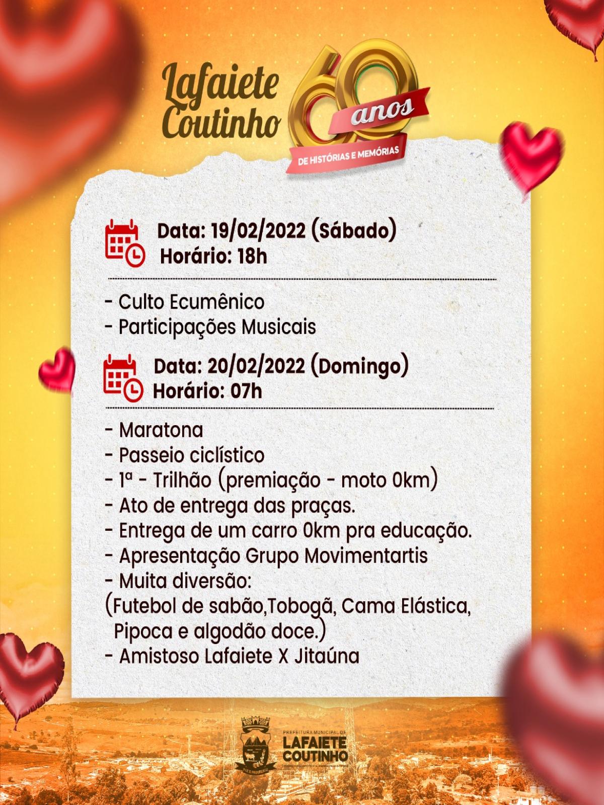 Prefeitura de Lafaiete Coutinho divulga programação dos 60 anos de emancipação política