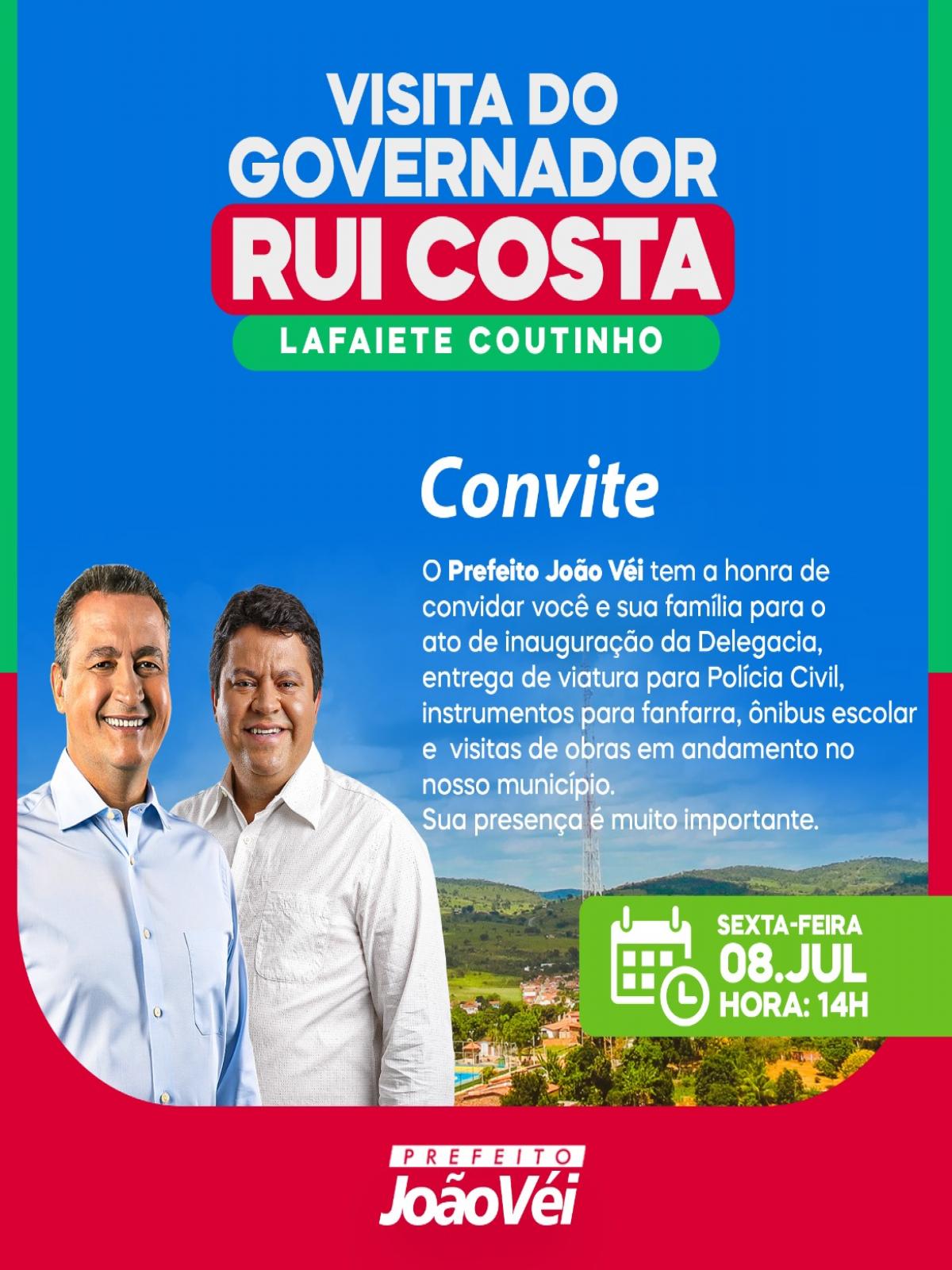 Governador Rui Costa estará entregando novos equipamento na cidade de Lafaiete Coutinho