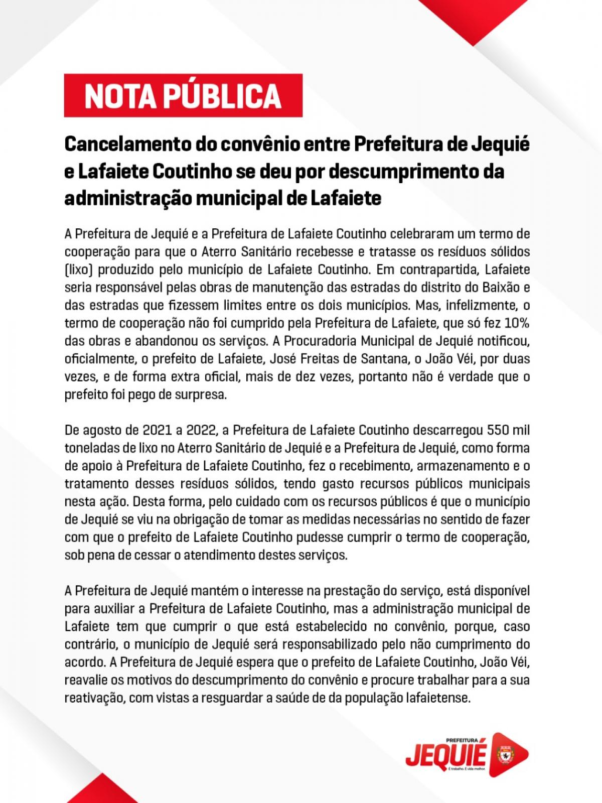 Cancelamento do termo de cooperação entre Prefeitura de Jequié e Lafaiete Coutinho se deu por descumprimento da administração municipal de Lafaiete