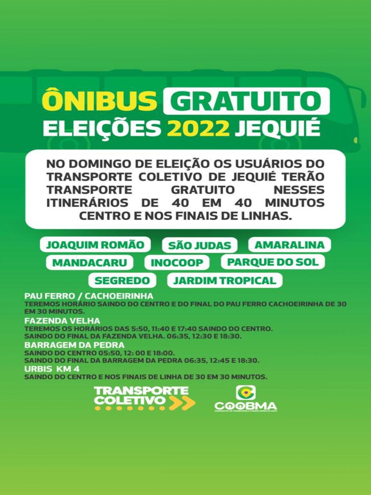 PASSE LIVRE NO TRANSPORTE PÚBLICO NESTE DOMINGO, DIA DE ELEIÇÕES: