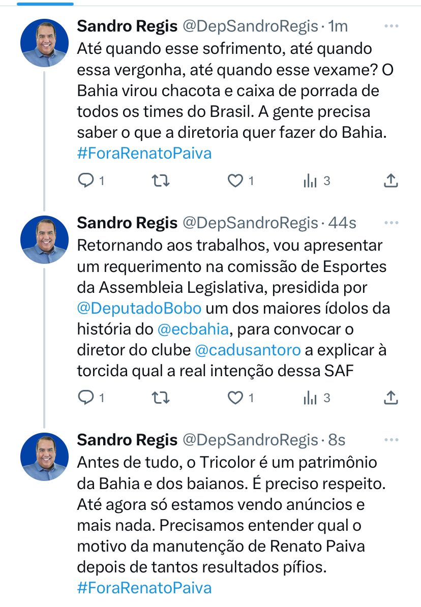 Após nova derrota do Bahia, Sandro Régis questiona diretoria: até quando esse vexame? Após nova derrota do Bahia, Sandro Régis questiona diretoria: até quando esse vexame?