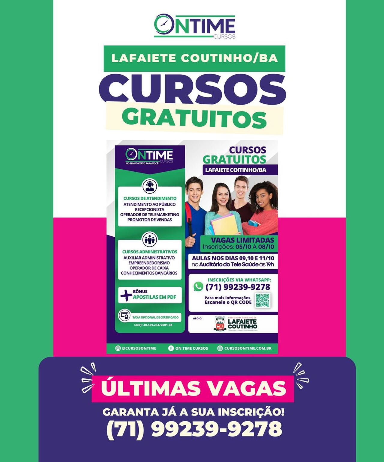 Lafaiete Coutinho: prefeitura está oferecendo cursos profissionalizantes, vagas limitadas