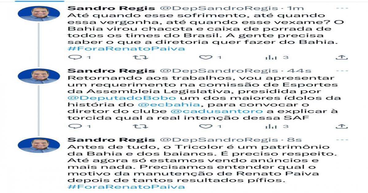 Após nova derrota do Bahia, Sandro Régis questiona diretoria: até quando esse vexame?