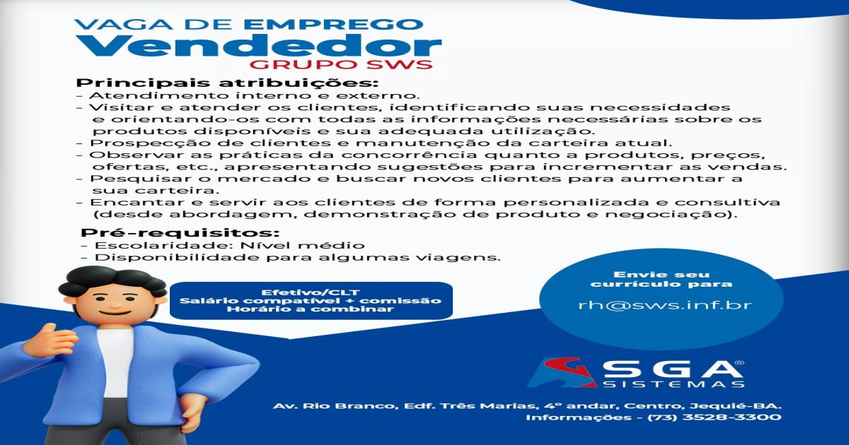 Vaga de emprego de vendedor na SGA Sistemas