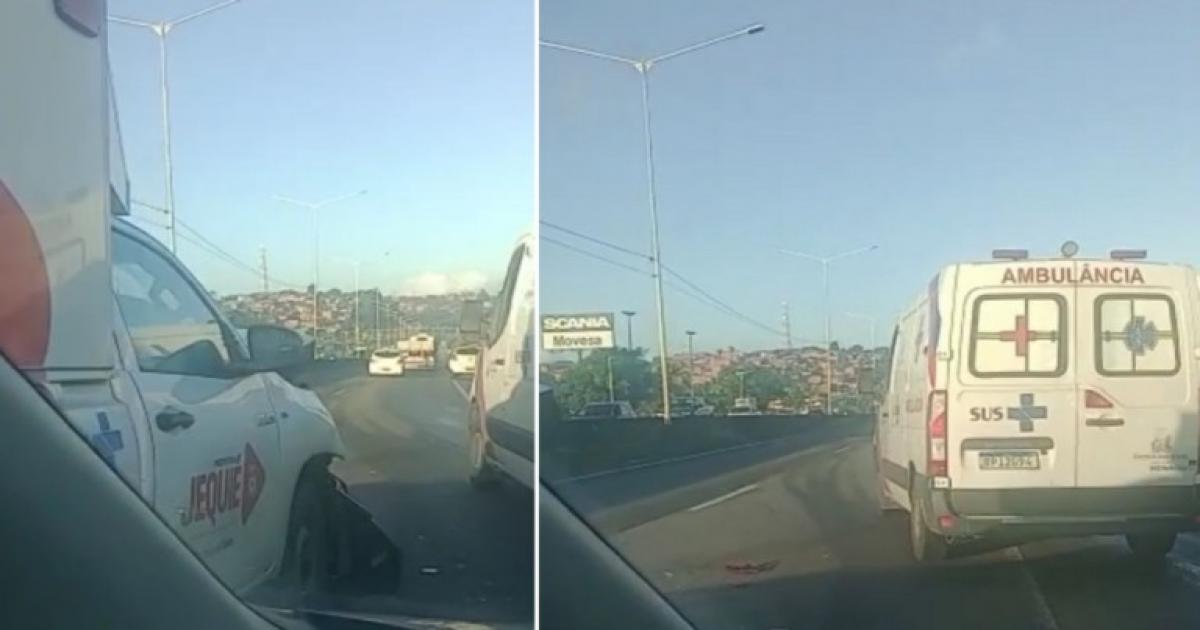 Ambulância da Prefeitura de Jequié se envolve em acidente com outros veículos na BR-324, quando transportava paciente para Salvador