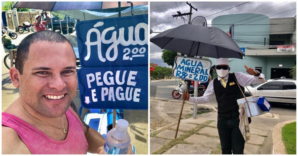 Vendedor monta carrinho onde comercializa água mineral à base da confiança em Jequié