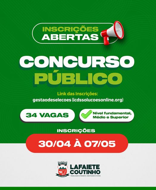 Abertas as inscrições para o concurso Público na Prefeitura de Lafaiete Coutinho Abertas as inscrições para o concurso Público na Prefeitura de Lafaiete Coutinho