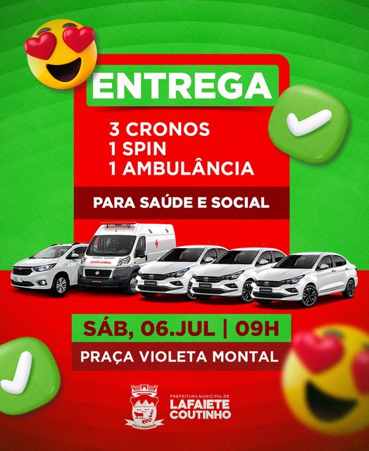 Lafaiete Coutinho: prefeitura entre 5 novos veículos para as pastas da saúde e social Lafaiete Coutinho: prefeitura entre 5 novos veículos para as pastas da saúde e social