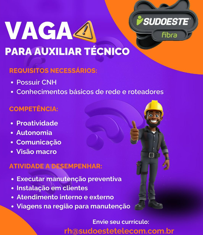Sudoeste Fibra oferta vaga de trabalho auxiliar técnico Sudoeste Fibra oferta vaga de trabalho auxiliar técnico
