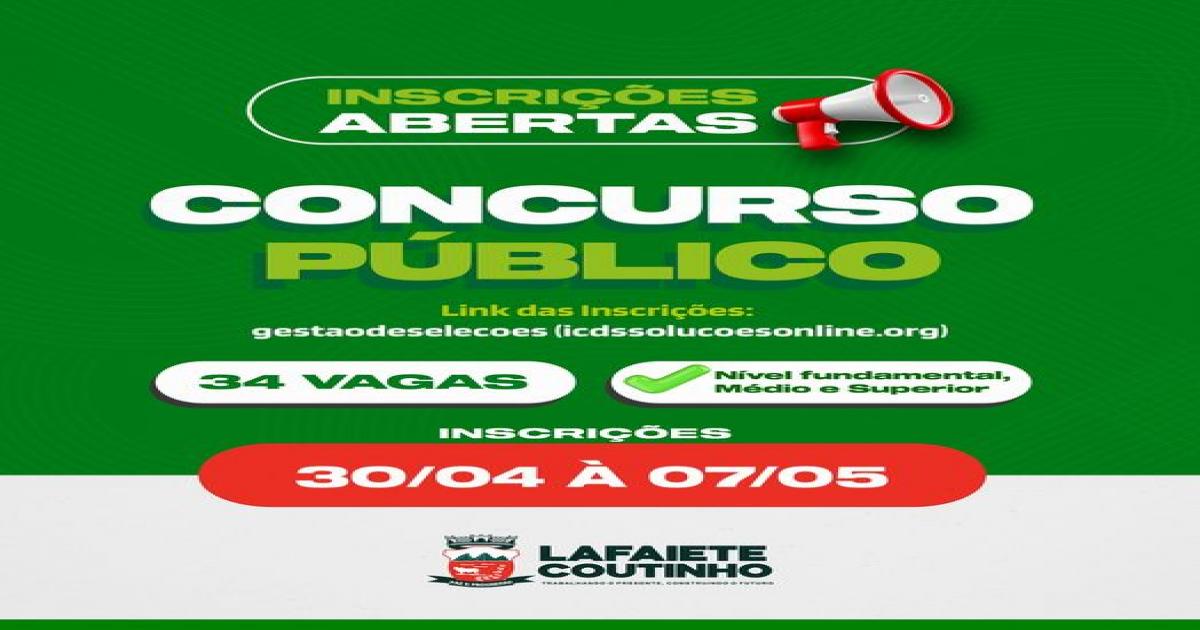 Abertas as inscrições para o concurso Público na Prefeitura de Lafaiete Coutinho