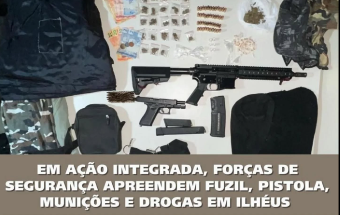 Ação integrada das forças de segurança apreende fuzil, pistola, munições e drogas em Ilhéus Ação integrada das forças de segurança apreende fuzil, pistola, munições e drogas em Ilhéus