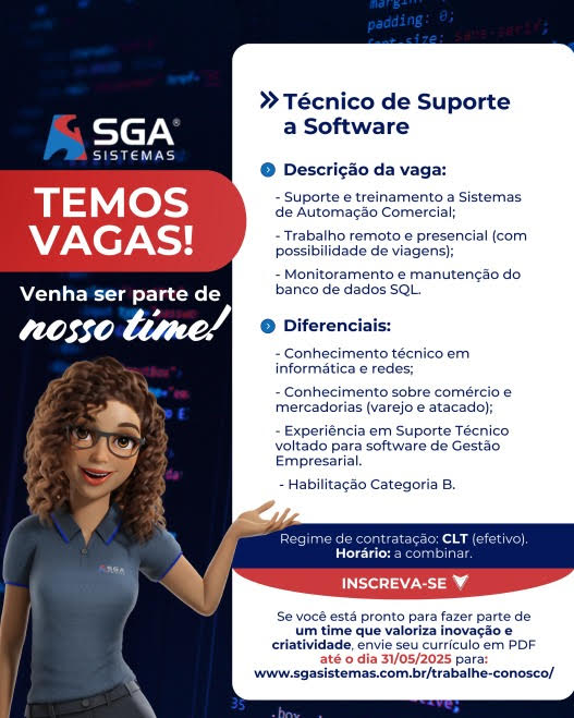 A SGA Sistemas está com vaga aberta para Técnico de Suporte a Software!