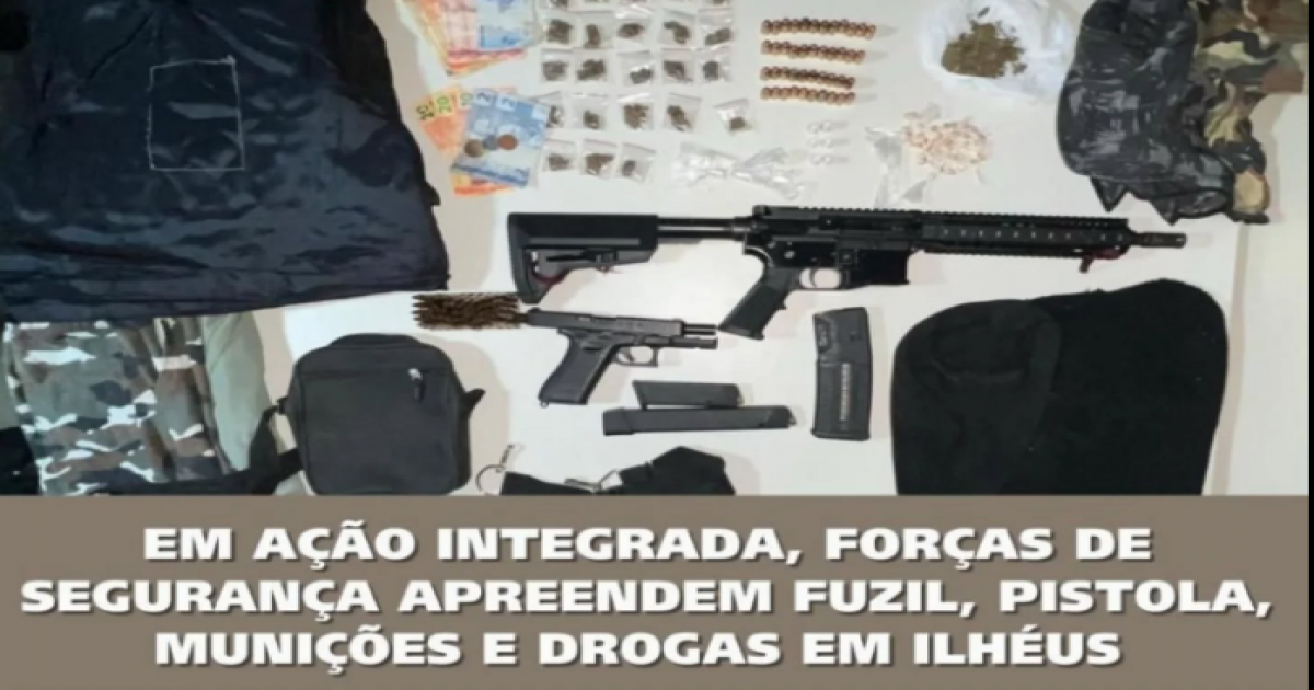 Ação integrada das forças de segurança apreende fuzil, pistola, munições e drogas em Ilhéus