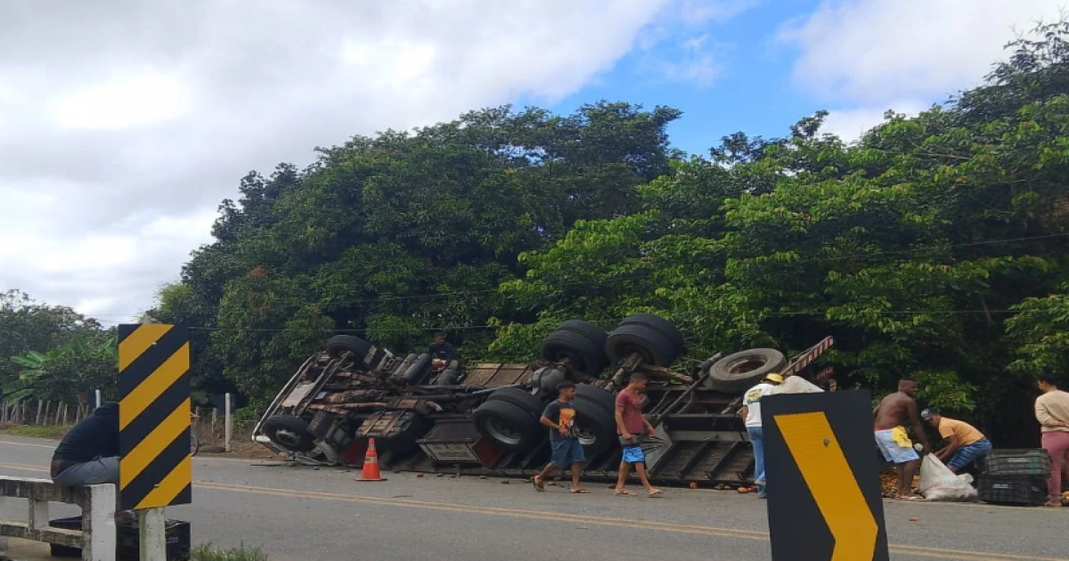 Jitaúna: Caminhão carregado de mangas tomba na BR-330 e populares saqueiam a carga