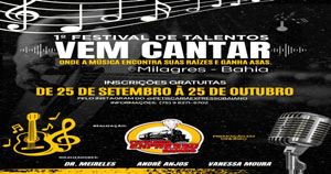 Inscrições abertas para a 1ª edição do Show de Talentos “Vem Cantar” em Milagres-BA.