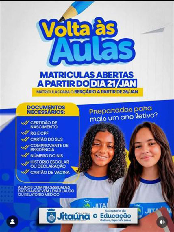Rede Municipal de ensino em Jitaúna abre período de matrículas para estudantes Rede Municipal de ensino em Jitaúna abre período de matrículas para estudantes