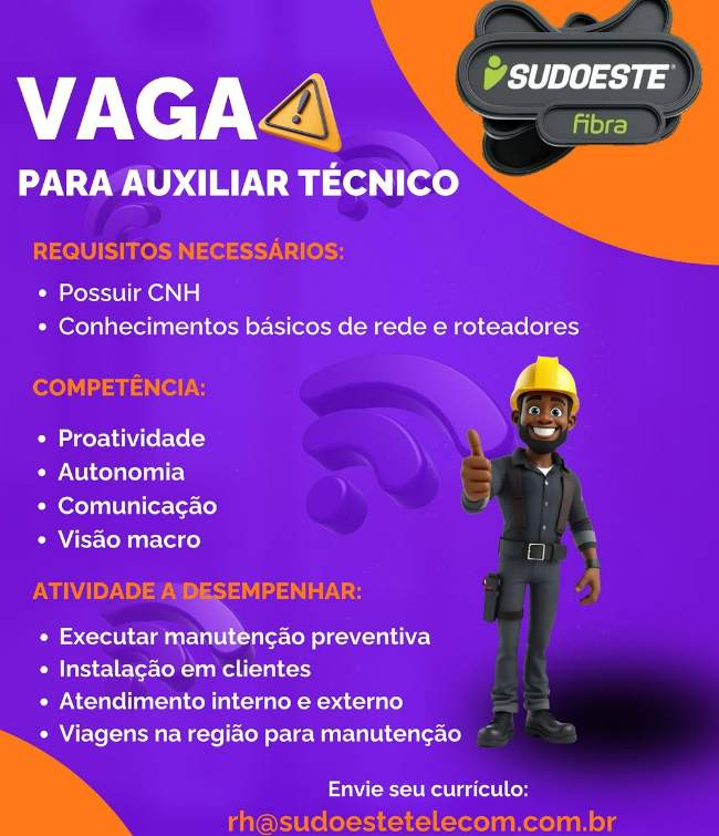 Sudoeste Fibra oferta vaga de trabalho auxiliar técnico