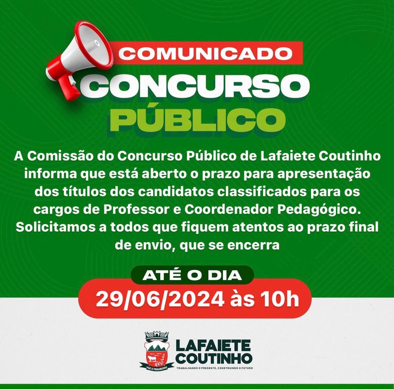 Lafaiete Coutinho: Prazo final para entrega de títulos do concurso público