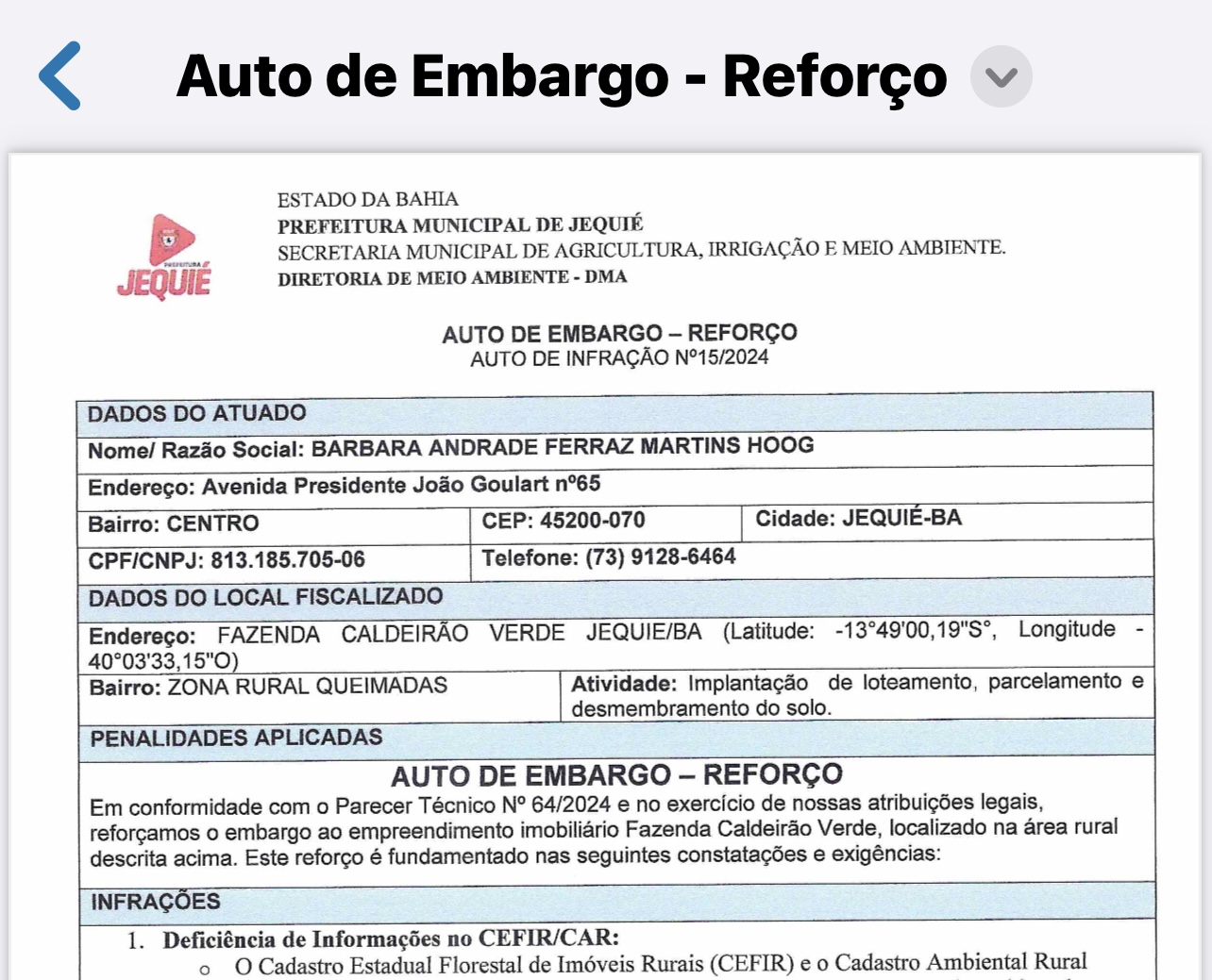 Prefeitura de Jequié encontra Ilegalidade do Empreendimento Fazenda Caldeirão Verde