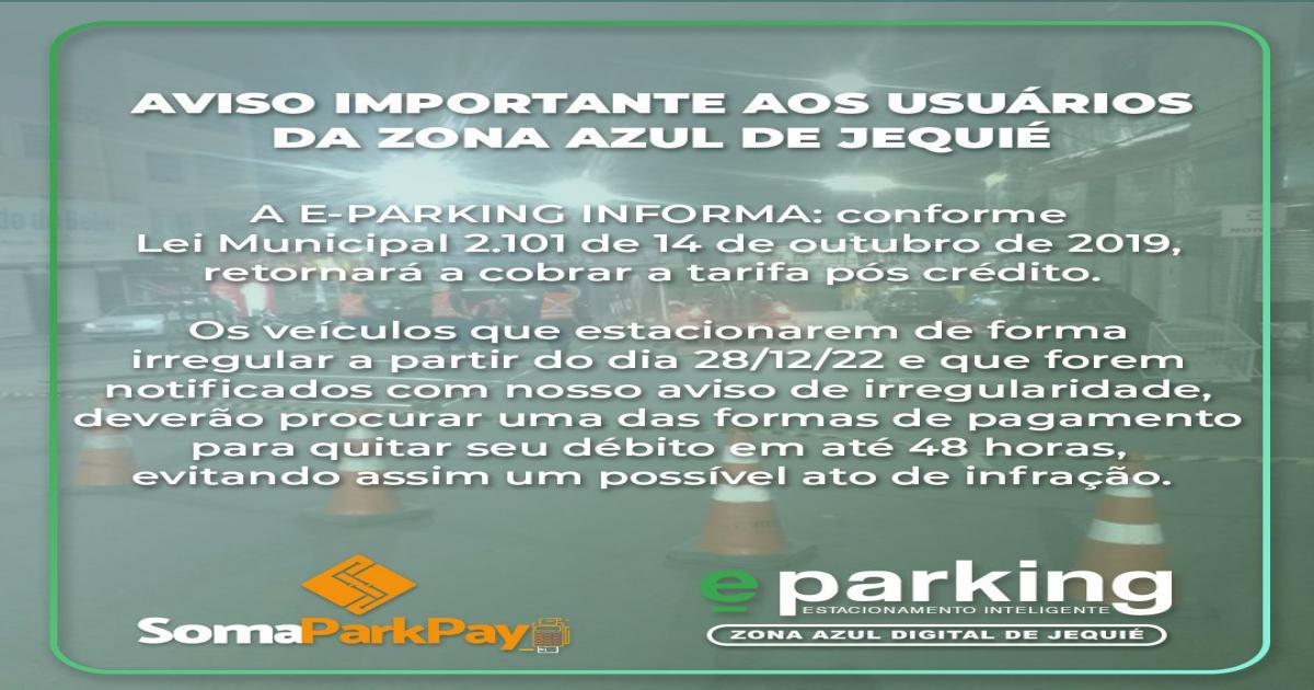 AVISO IMPORTANTE AOS USUÁRIOS DA ZONA AZUL DE JEQUIÉ