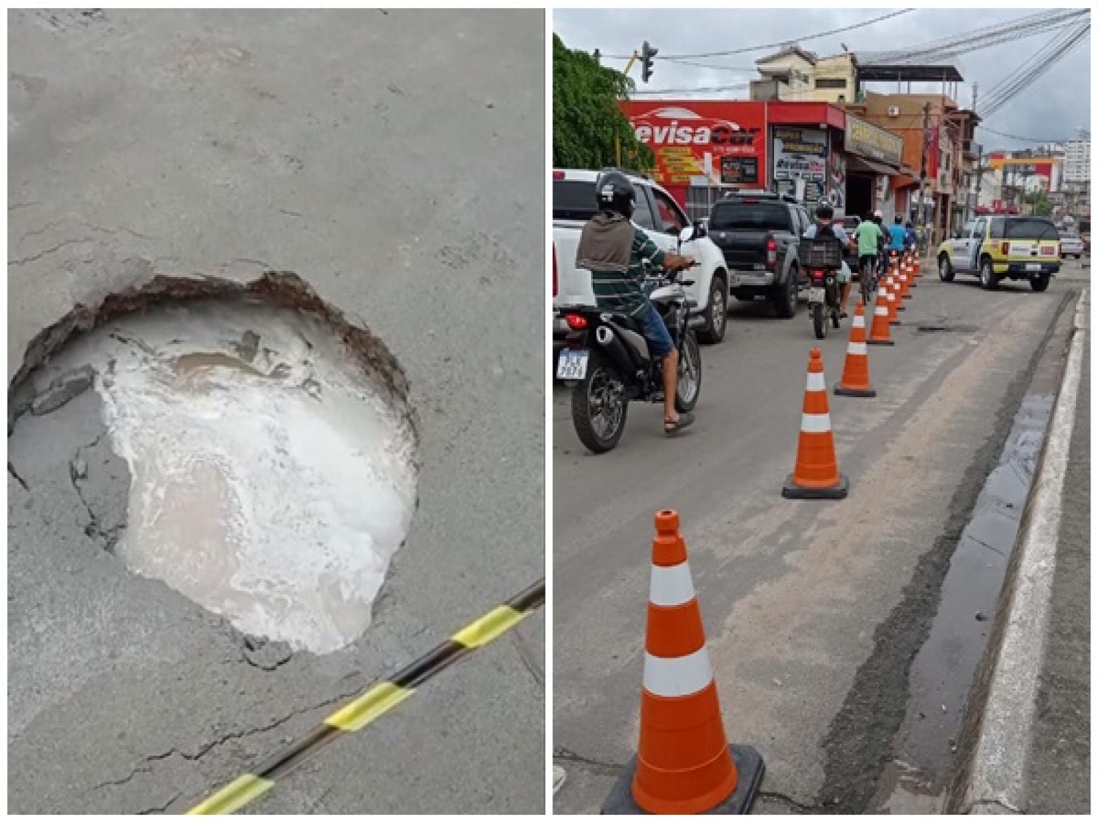 Asfalto cede e trânsito fica lento na Avenida Landulfo Caribé, engarrafamento total