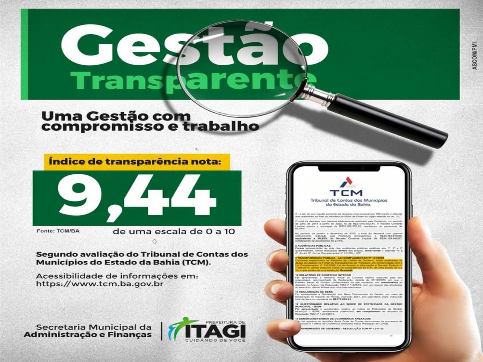 Itagi recebe nota 9,44 do TCM por transparência